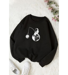 Unisex Uzay Temalı Bisiklet Yaka Sweatshirt (Siyah)