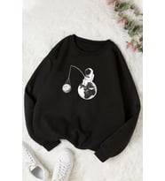 Unisex Uzay Temalı Bisiklet Yaka Sweatshirt (Siyah)