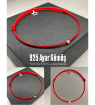 925 Ayar Gümüş Yıldız Charm, Dorika top Kırmızı İp Şans Bilekliği