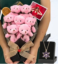 Kişiye Özel Fotoğraflı Büyük Boy 7'li Peluş Ayıcık Buketi ve Gerçek Ametist Taşlı Lotus Kolye (Model 1)
