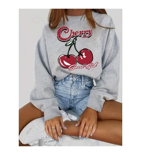 Unisex Sweet Girl Cherry Baskılı Oversize Sweatshirt (Gri)