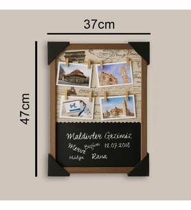 Kişiye Özel Ahşap Yazı Tahtalı İpli Duvar Fotoğraf Çerçevesi 37x47 cm – Mandallı Hasır İpli Fotoğraf Panosu
