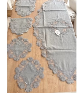 Salon Takımı Çeyizlik Gri Runner Set 5 Parça Keten Masa Örtüsü Runneri Flowers