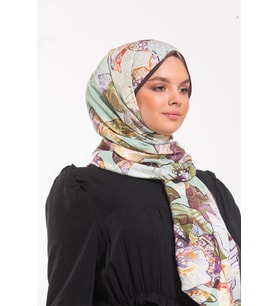 Çiçekli Desen Elegante Seri Şal Eşarp Askısı İle Birlikte 75x200 Mint Krem-75x20