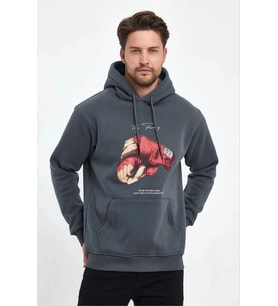 Erkek 3 İplik Pamuklu Kapüşonlu Cepli Boks Eldiven Baskılı Hoodie Sweatshirt - Füme