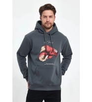 Erkek 3 İplik Pamuklu Kapüşonlu Cepli Boks Eldiven Baskılı Hoodie Sweatshirt - Füme