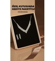 Özel Kutusunda Hediye Paketiyle Hermia  Gümüş Kaplama  Takı Seti Kolye Küpe Hediye Set Düğün Nişan Söz Nikah Takı Seti (Beyaz Gümüş)