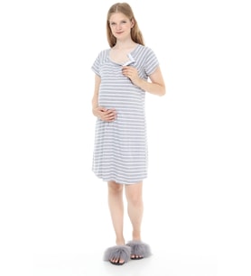 Luvmabelly MYRA9580 Yandan Çıt Çıtlı Hamile Geceliği - Gri Çizgili