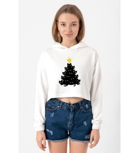 Meowy Christmas Ekru Kadın Crop Kapşonlu