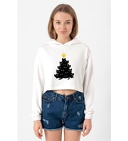Meowy Christmas Ekru Kadın Crop Kapşonlu