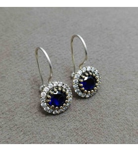 Safir ve Beyaz Zirkon Taşlı Otantik Gümüş Bayan Küpe