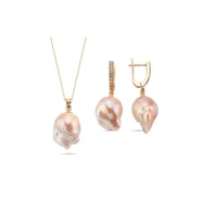 Şeftali Rengi Barok İnci Kolye Küpe İkili Set (Rose)