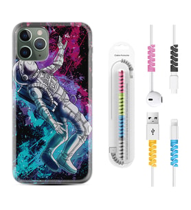 Apple iPhone 11 12 13 14 Pro Max Kılıf Kablo Koruma Spiral Silikon Astronot Signs 1753