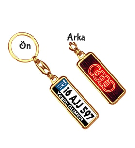 Kişiye Özel Plaka Metal Anahtarlık   Audi Neon Kırmızı Logo (Altın)