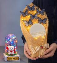 Kişiye Özel Renkli Işıklı Fanus ve Aynalı Led Işıklı Mavi Kelebek Buketi – Romantik Hediye Seti (Model 6)
