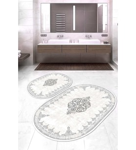 Dijital Baskılı Kaymaz Taban Yıkanabilir Oval 2'li Klozet Takımı Banyo Paspası NOKZ-SD-1125 (Krem)