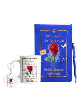 Sevgililer Gününe Özel Mavi Defter Kalem Kupa & Süblimasyon Anahtarlık Hediye Seti 15
