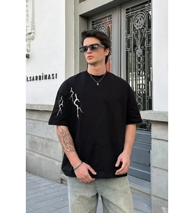 Erkek Kısa Kol Tişört Bisiklet Yaka Yıldırım Baskılı Oversize T-Shirt - Siyah