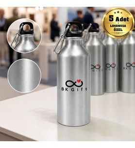 Logonuza Özel 5 Adet Kancalı Spor Su Matarası 600 ml Alüminyum Kurumsal Matara