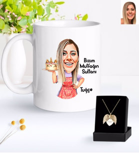 BK Gift Kişiye Özel Kadın Mutfağın Sultanı Karikatürlü Kupa ve Melek Kolye Hediye Seti-11 (Model 1)