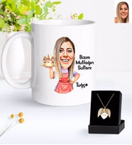 BK Gift Kişiye Özel Kadın Mutfağın Sultanı Karikatürlü Kupa ve Melek Kolye Hediye Seti-11 (Model 1)