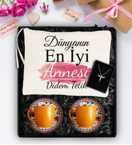 Anneler Gününe Özel Desenli İkili Turuncu Fincan & Özel Tasarım Çanta & Melek Kolye Hediye Seti (Krem)