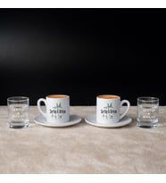 Kişiye Özel Çift Taraf Baskılı 2'li kahve Fincanı + İsim Kazımalı Mini Su Bardağı