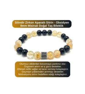 SERTİFİKALI Zirkon Aparatlı Sitrin - Obsidyen - 8mm Doğal Taş Misinalı Bileklik