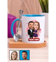 Sevgiliye Romantik Yıldönümü Hediyesi Karikatürlü Ahşap Altlıklı Mavi Kupa Bardak