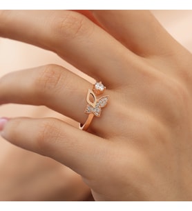 925 AYAR ROSE  GOLD KAPLAMA ÜSTTEN AYARLAMALI  TEK TAŞLI KELEBEK GÜMÜŞ YÜZÜK