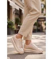 Ayakmod Bej Cilt Kalın Rahat Tabanlı Bağcıklı Kadın Casual Yürüyüş Ayakkabı Sneaker 431173