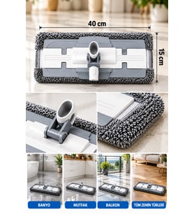 Sapsız Mikrofiber Mop Başlığı 40x15 cm Gri Beyaz Yedek Mop Aparatı, Tüm Uyumlu Saplarla Kullanılab