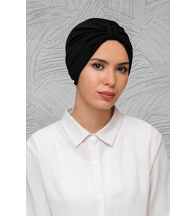 Siyah Pratik Hazır Geçmeli Tesettür Bone Petekli Büzgülü 1204_01