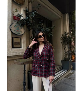 Kadın Fleto Cep Düğme Detay Tüvit Kumaş Astarlı Blazer Ceket