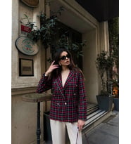 Kadın Fleto Cep Düğme Detay Tüvit Kumaş Astarlı Blazer Ceket (Bordo)