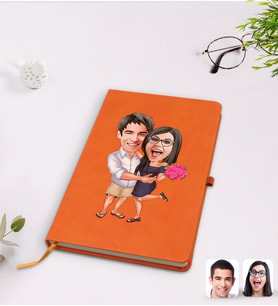BK Gift Kişiye Özel Sevgililer Karikatürlü Turuncu Termo Deri Defter Model 108