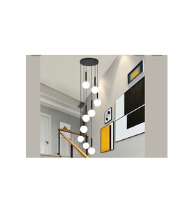 9’lu Galeri Boşluğu Sarkıt Avize Siyah Metal Gövde Mat Opal Beyaz Cam E27 Duy Modern Otel Villa