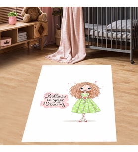 Believe in Your Dreams Prenses Desen Dijital Baskı Yıkanabilir Kaydırmaz Genç Kız Çocuk Odası Halısı (Beyaz)