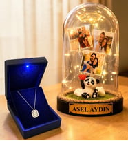 Kişiye Özel 3 Fotoğraflı Yazılı LED Fanus(pandalı) ve 925 Ayar Gümüş Gold Baget Kolye