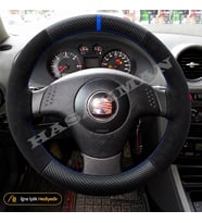 Seat Cordoba 6L Dikme Direksiyon Kılıfı Alcantara Süet Mat Karbon Mavi Yüzük ve Dikiş Stella-Reference-Signo-Tuşsuz 2002-2009
