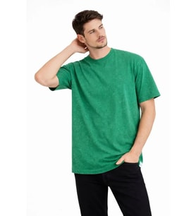 Erkek Asit Yıkama Bisiklet Yaka Kısa Kollu Oversize T-Shirt Tişört - Yeşil
