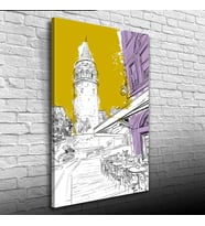 Sarı, Beyaz ve Mor Tonlarda Galata Kulesi ve kafe Görseli Kanvas Tablo 50 x 70