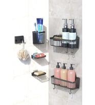 6'Lı Banyo Seti Yapışkanlı Banyo Düzenleyici Şampuanlık Diş Fırçalık Sabunluk Askılık Takımı Gümüş