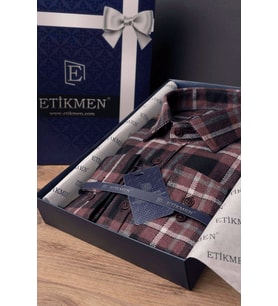 Bordo Beyaz Çizgili Slimfit Oduncu Hediye Kutulu Erkek Gömlek