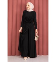 Neşeli butik kadın siyah degaje yaka kuşaklı sandy kumaş tesettür tulum NMS089