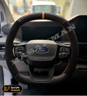 Ford Tourneo Custom Dikme Direksiyon Kılıfı Alcantara Süet Mat Karbon Taba Yüzük ve Dikiş Trend-Deluxe-Limited-Titanium 2024-2026