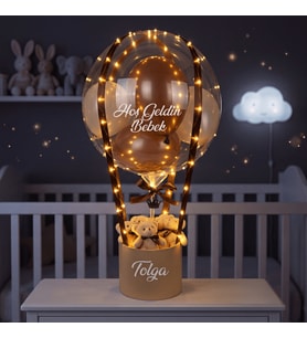 Kişiye Özel Led Işıklı, Kraft Kutulu ve Peluş Ayıcıklı Balon Tasarımı - Yeni Doğan Hediyesi