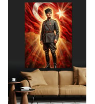 Türk Bayrağı Önünde Mareşal Atatürk Dekoratif Kanvas - Mdf Ahşap Tablo