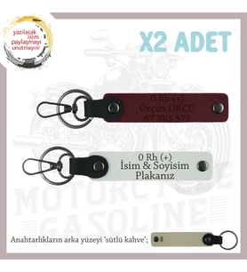 Bikerlar İsim Plaka ve 0 Rh (+) Kan Grubu Yazılı Deri x2 Anahtarlık Hediyelik Takım, Beyaz-Bordo-SK (Çok Renkli)
