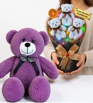 Kişiye Özel Renkli LED Işıklı Peluş Ayıcık Buketi ve 50 cm Büyük Boy Mor Peluş Ayıcık Seti